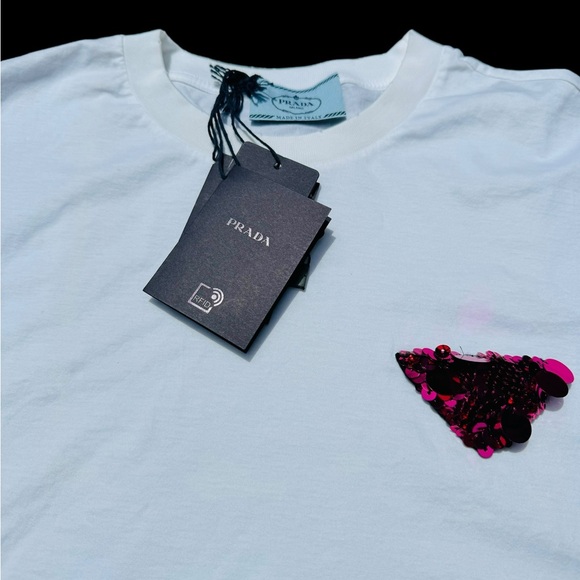 PRADA***Cropped White T-Shirt W/Sequined Logo***XL $1380 NWT - Picture 7 of 11